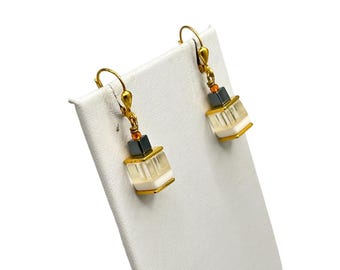 Vintage Gold Tone Art Glass Lever Back Earrings with Geometric Design