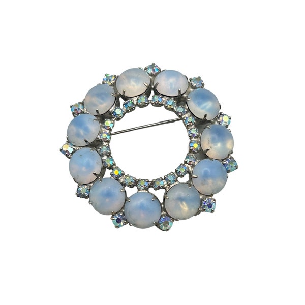 Vintage Opalescent Glass Brooch Round Wreath Opaline Rhinestones All Prong Set