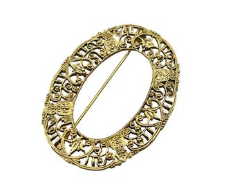 1928 Brand Vintage Victorian Inspired Sash Pin Brooch Gold Tone Filigree Oval