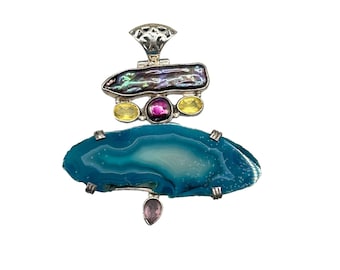 Blue Sliced Agate Pendant Sterling Silver 925 Genuine Semi Precious Stone Pearl