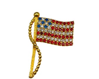 Vintage New Old Stock American Flag Pin Brooch Patriotic USA Rhinestones Flag 1776 By Jewelart