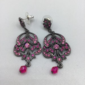 Pink Dangles Earrings Drops Rhinestones Art Nouveau Revival Style Earrings