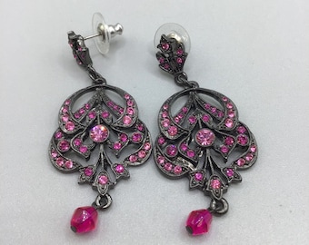 Pink Dangles Earrings Drops Rhinestones Art Nouveau Revival Style Earrings