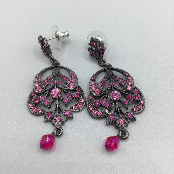 Pink Dangles Earrings Drops Rhinestones Art Nouve… - image 1