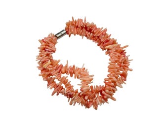Pink Coral Chips Triple Strand Bracelet Salmon Pink with Magnetic Clasp Long
