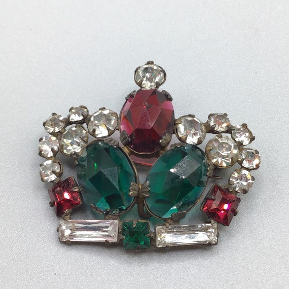 Vintage Crown Brooch Red Green Glass Stones Older… - image 2