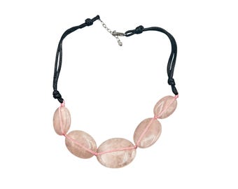 Vintage Pink Quartz Necklace with Sterling Clasp & Black Cord Large Quartz