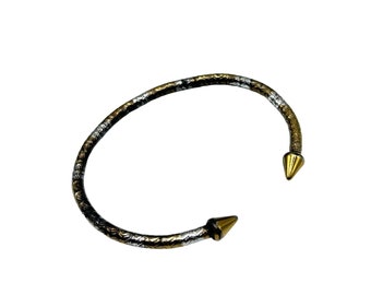 Vintage Cuff Bracelet Brass and Silver Color Pointy Ends Ethnic Textured Design