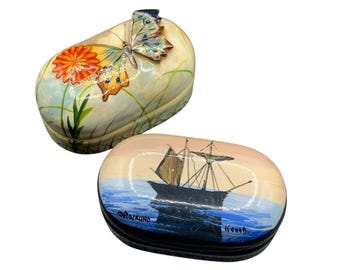 Russian Lacquer Pill Boxes Set Butterfly Boat Pill Shape Miniature Trinket Boxes