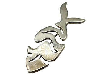 Vintage Sterling Silver Fish Pin Brooch Mexico 925 Cutout Modernist Fish Jewelry