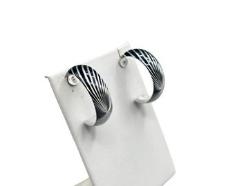Vintage Hoop Earrings Silver & Black Aluminum Swirl Zebra Stripes Pierced