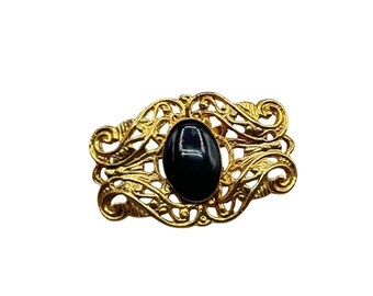 Vintage Victorian Revival Pin brooch Gold Tone And Black Enamel