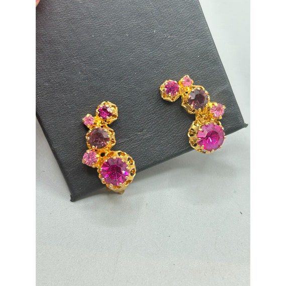 Vintage Signed Austria Clip On Earrings Pink Tone… - image 3