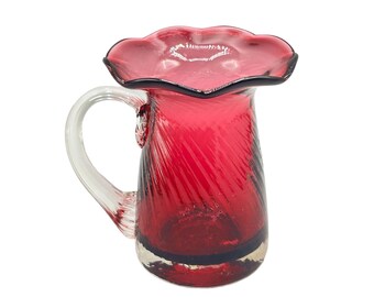 Midcentury Modern Hand Blown Cranberry Glass Miniature Flower Pitcher Vase
