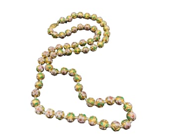 Champleve Cloissone Necklace Long Handknotted Pink Green Gold Red Colorful Beads