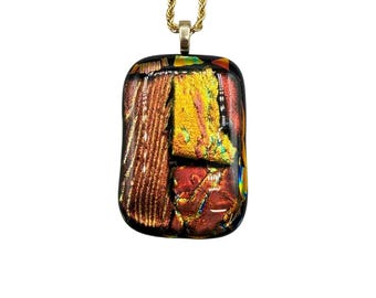 Vintage Rectangular Dichroic Glass Pendant Necklace Iridescent Orange Gold
