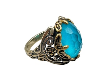 CAROLYN POLLACK Sterling Silver And Brass Blue Quartz Ring Size 11 Faceted Blue Stone