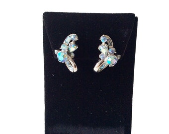 Aurora Borealis Blue Earrings Clip On Iridescent Rhinestones Clips Silver Tone