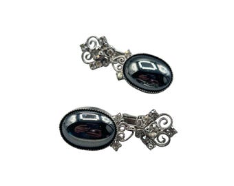 70s Clip On Earrings Silver Tone Metal Scrolls Hematite Glass Rhinestones Dangles