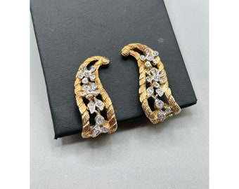 Signed KRAMER Clip On Earrings Gold Tone & Rhinestones Climbers Elegant Jewelry