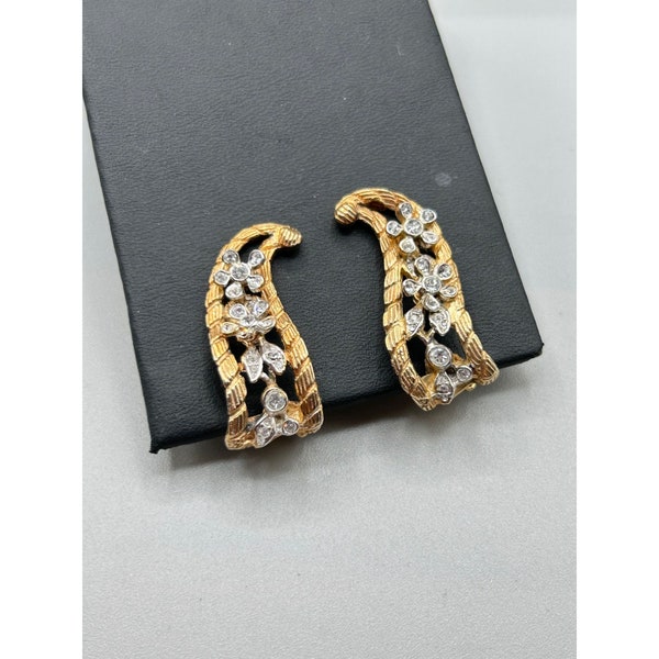 Signed KRAMER Clip On Earrings Gold Tone & Rhinestones Climbers Elegant Jewelry