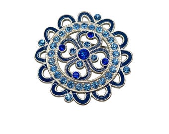 Vintage Silver-Tone Blue Rhinestone Pin Brooch With Intricate Design Round Shape