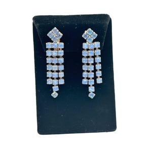 Vintage Earrings Light Blue Rhinestone Clip On Dangles Party Formal Jewelry
