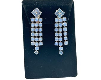 Vintage Earrings Light Blue Rhinestone Clip On Dangles Party Formal Jewelry