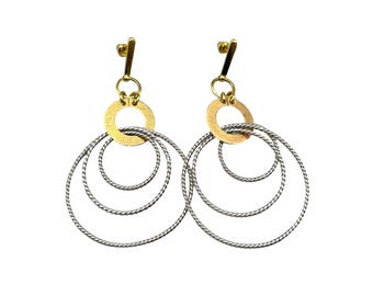 Two Tones Silver Gold Dangles Earrings Intersecting Circles Designer Signed