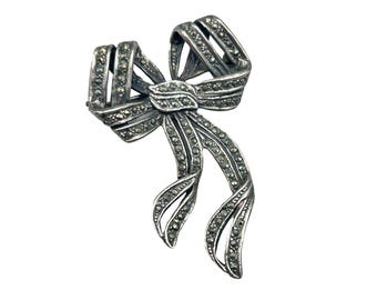 Vintage Bow Brooch Pin Sterling Silver & Marcasite Stones Ribbon Jewelry