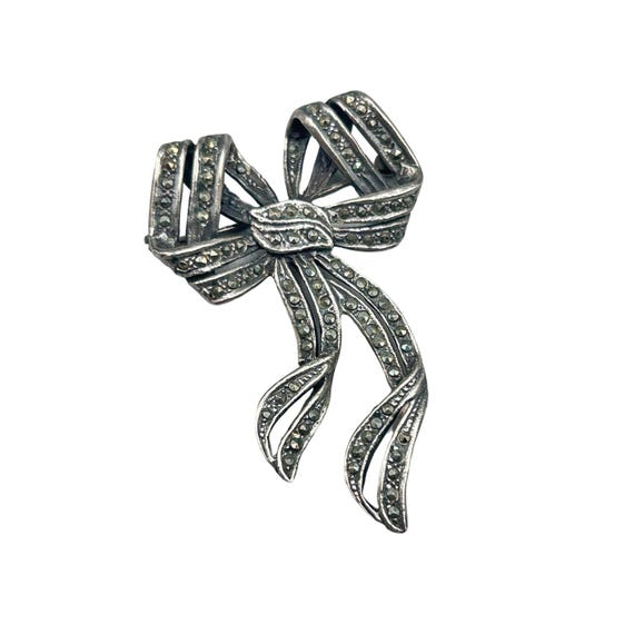 Vintage Bow Brooch Pin Sterling Silver & Marcasite Stones  display picture 2