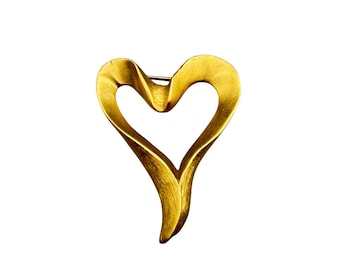 Vintage Heart Pin Brooch Abstract Open-Curved Wavy Heart Brooch Brushed Gold Tone