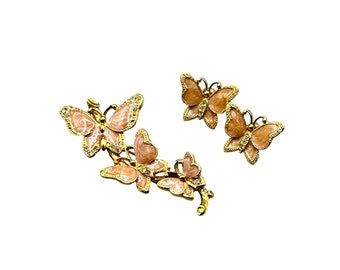 Vintage Avon Brooch & Pierced Earrings Set Butterfly Gold Tone Peach Pink Enamel