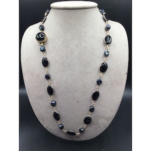 West Germany Opalescent Bead Necklace Black & Gold Tone Wire Wrapped Glass Beads