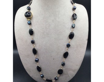 West Germany Opalescent Bead Necklace Black & Gold Tone Wire Wrapped Glass Beads