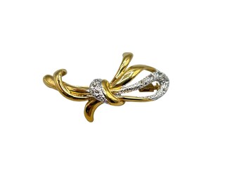 Elegant Gold Tone and Rhinestones Bow Pin Brooch Ribbon Pin with Trombone Clasp