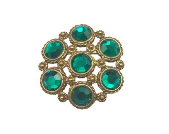 Emerald Green Rhinestones Pin Brooch And Pendant Round Gold Tone