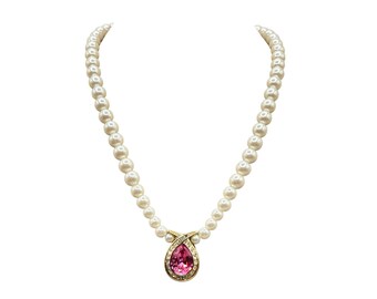 Signed Marvella Pearls Necklace with Pink Stone & Rhinestones Accents Gold Tone