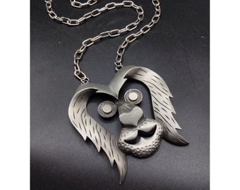 Oversized 70s Animal Necklace Lion or Dog Pewter Silver Color Statement Necklace