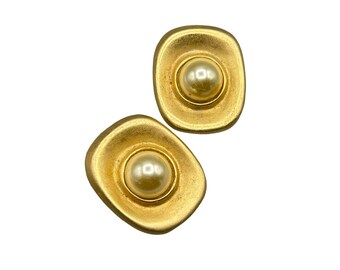 Vintage 1980s Matte Gold Clip On Earrings with Faux Pearls Geometric Design