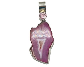 Pink Druzy Quartz Gemstone Pendant Sterling Silver 925 with Pink Glass Stone