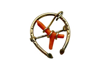 Victorian Coral Horseshoe Pin Brooch Gold Filled Handcrafted Wire Wrapped Coral