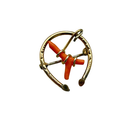 Victorian Coral Horseshoe Pin Brooch Gold Filled H