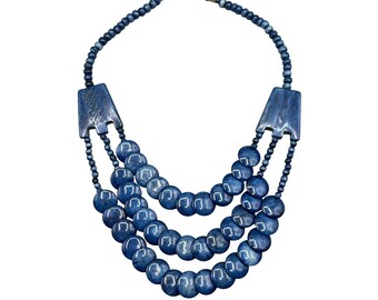 Vintage Statement Necklace Blue Dyed Beads Ethnic Tribal Multi Strand Bib Necklace