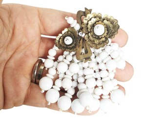 Miriam Haskell Dress Clip Early Frank Hess White Glass Beads Cascade Floral