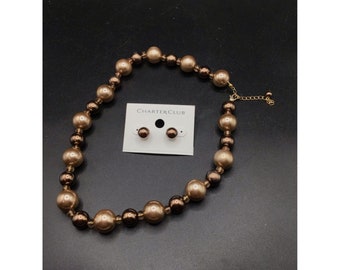 Brown Faux Pearls Necklace & Earrings Charter Club Pierced Studs Bead Necklace