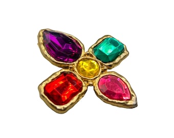 Vtg 80s 90s Colorful Pin Brooch Jeweled Red Green Purple Pink Gold Tone Metal