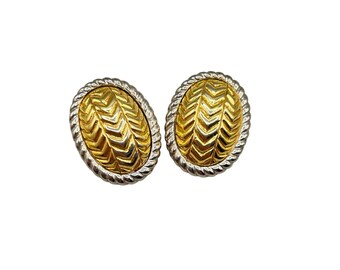 Vintage Gold Tone & Silver Tone Oval Clip On Earrings with Textured Design
