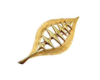 Vintage Signed JJ Gold Tone Leaf Brooch Modernist Design Mid Century Modern