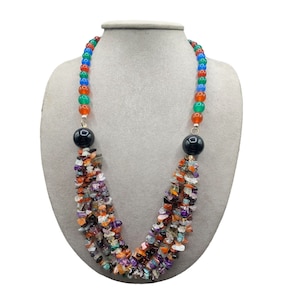 Multi Stone Necklace Beaded Statement Multi Strand Gemstones Chips Colorful